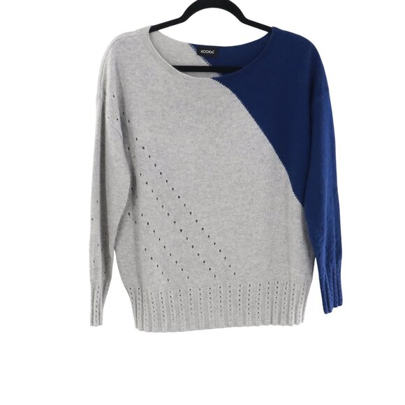 Kookai Wool Angora Pointelle Knit Sweater Womens XL Blue Gray Color Block Modern - Picture 1 of 14